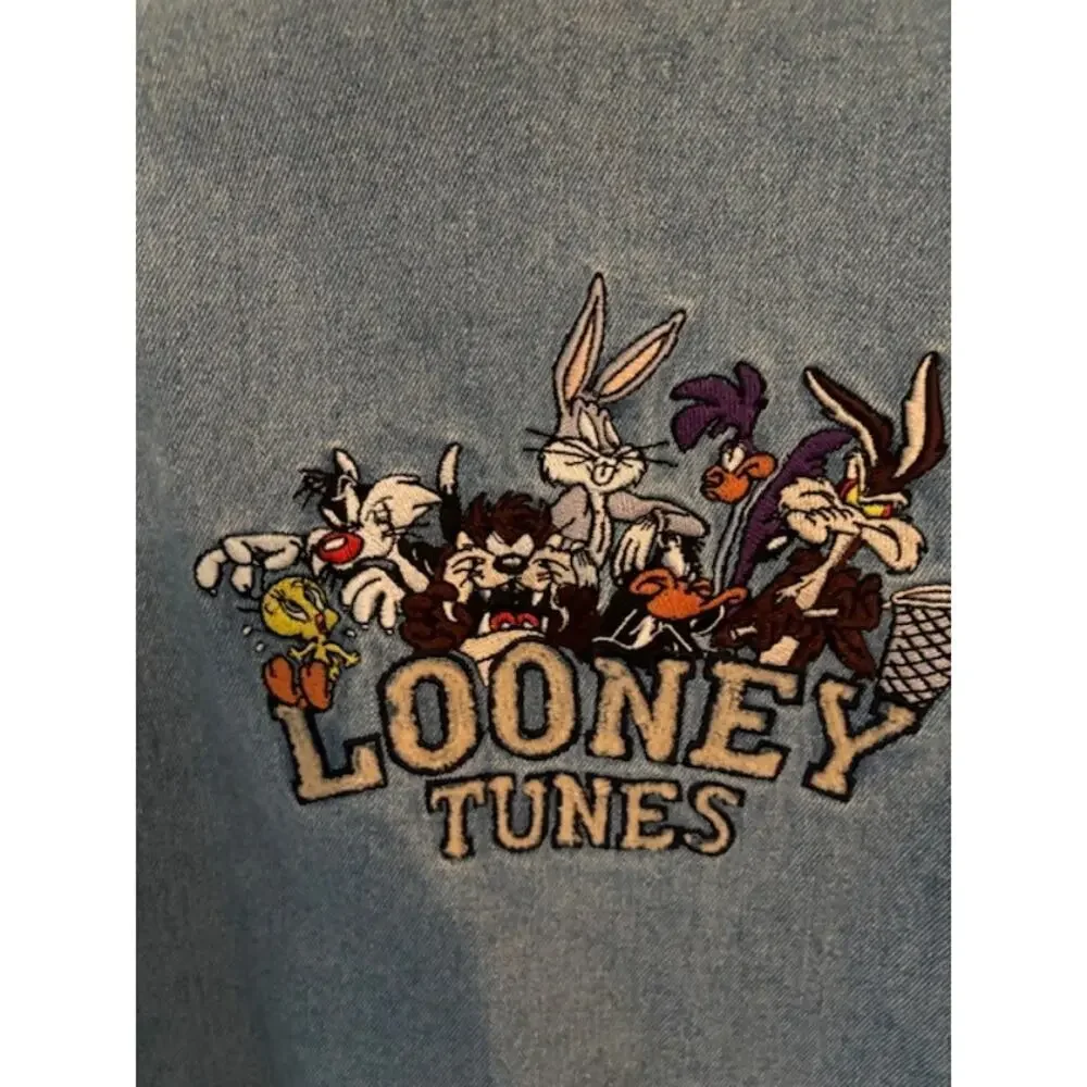 Vtg 90s Looney Tunes Warner Bros. Embroidered Denim Varsity Jacket Youth 12